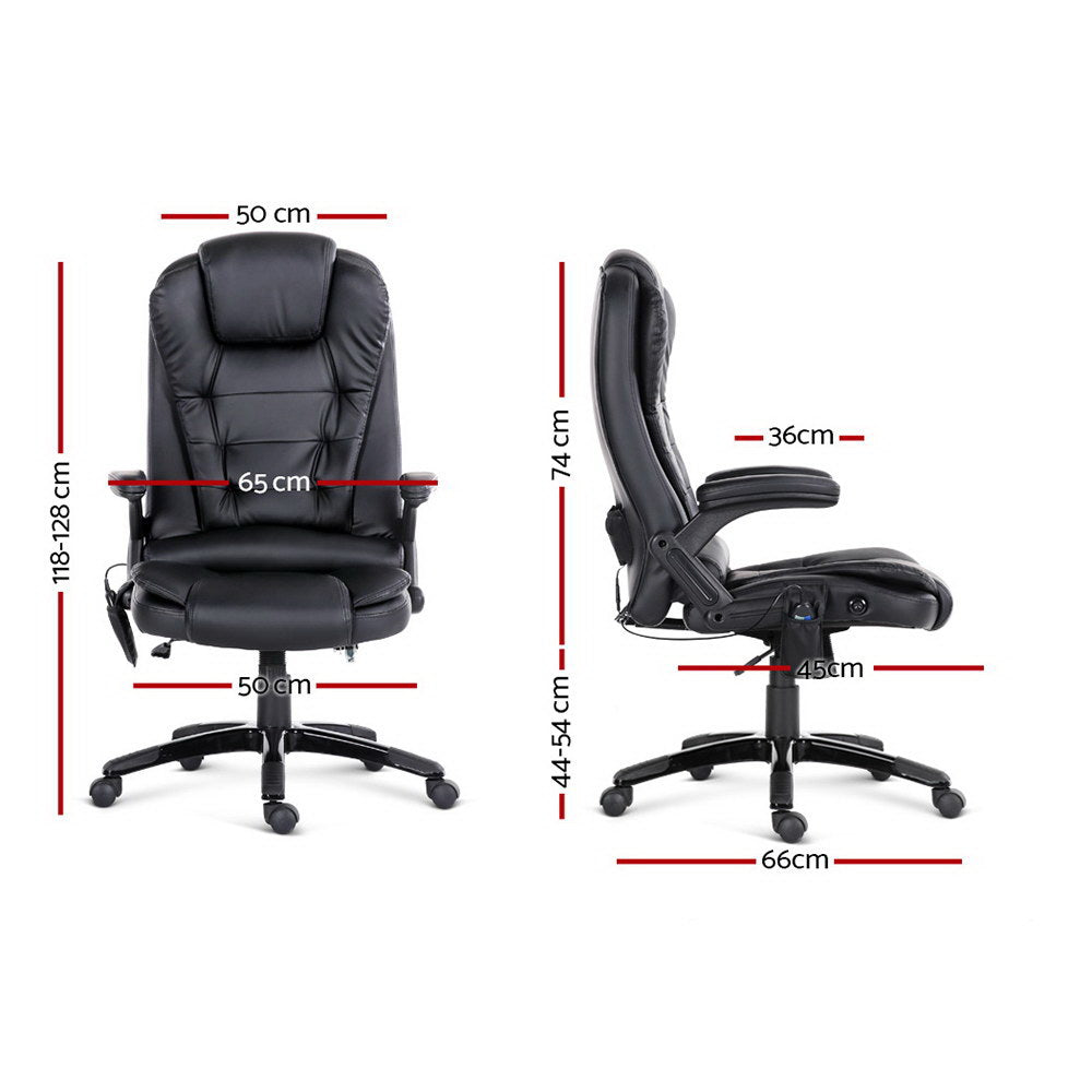8 Point Massage Office Chair Heated Seat Recliner PU Black By Artiss