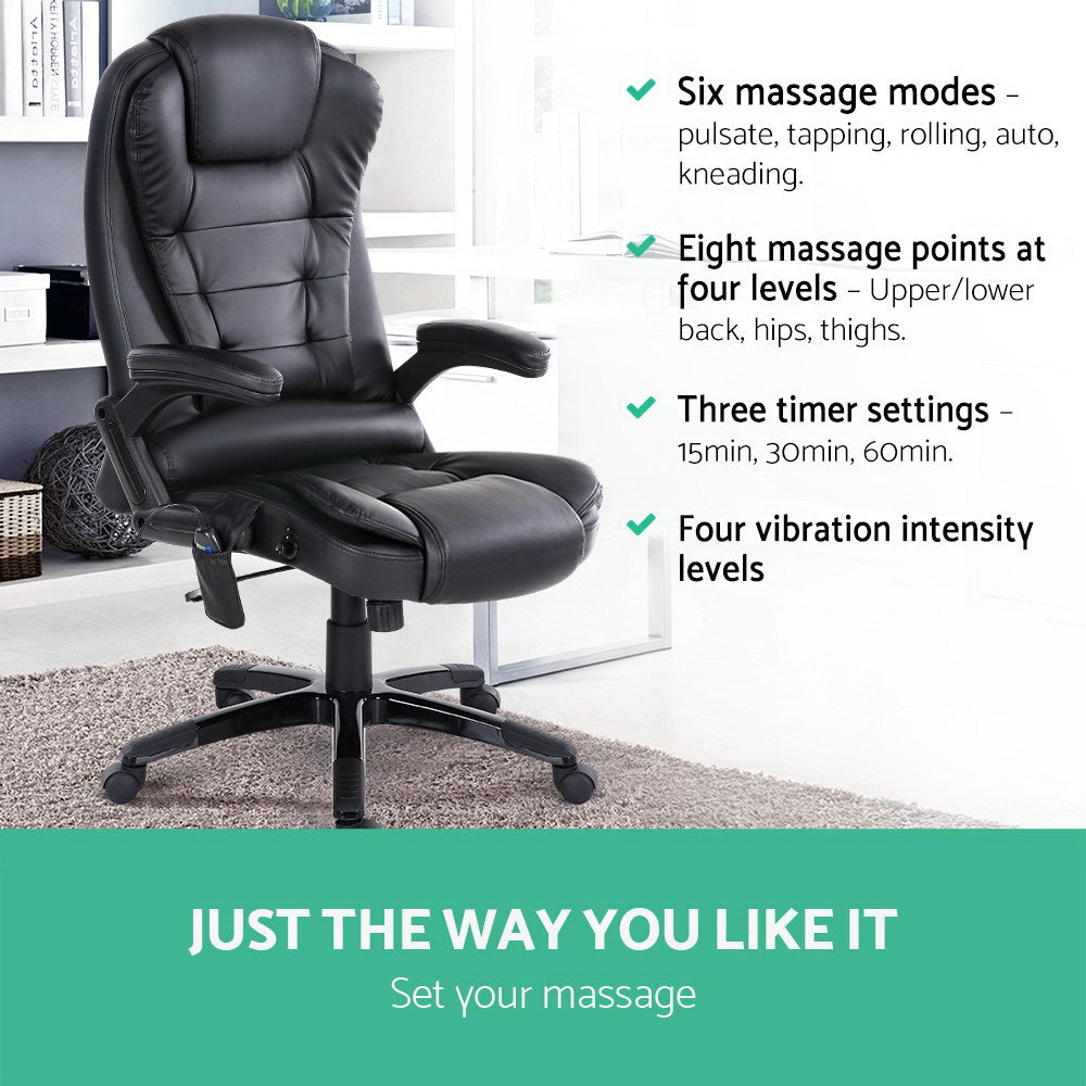 8 Point Massage Office Chair Heated Seat Recliner PU Black By Artiss