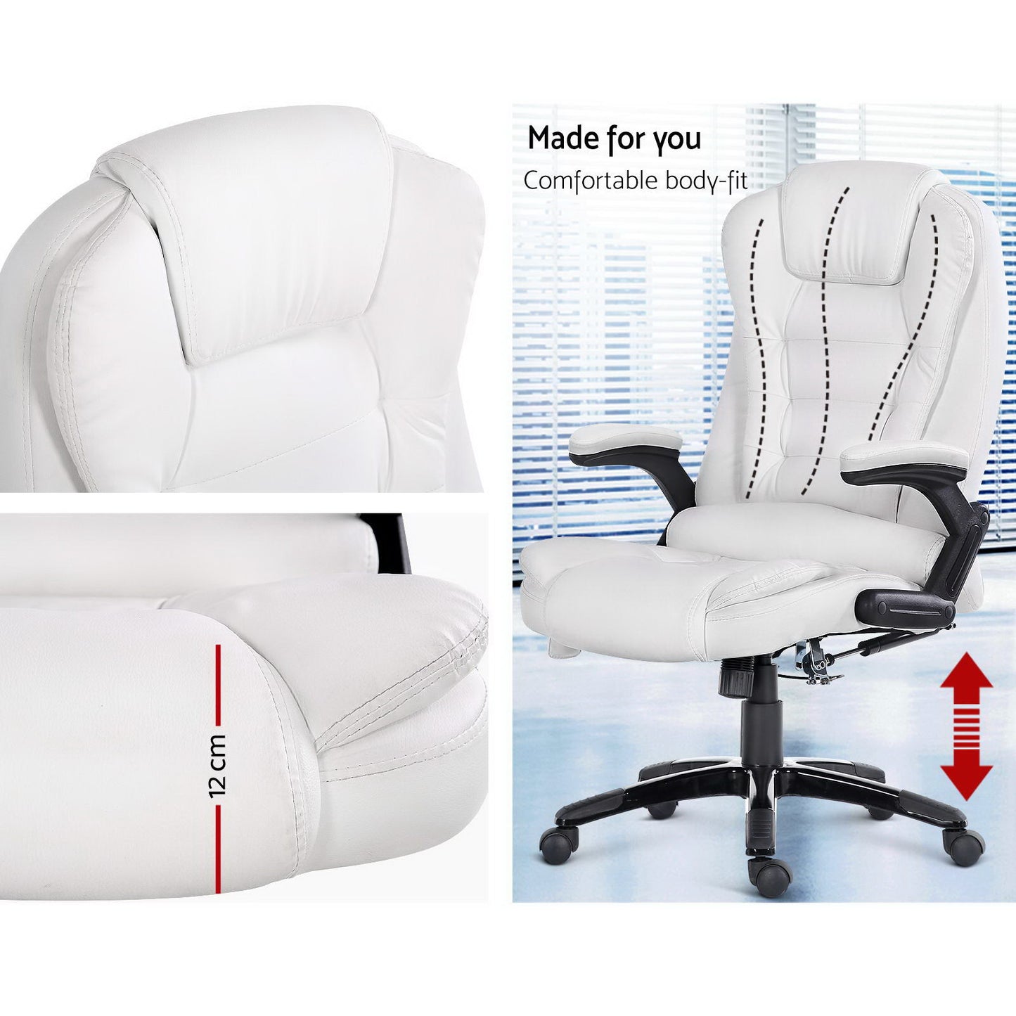 8 Point Massage Office Chair Heated Seat Recliner PU White By Artiss