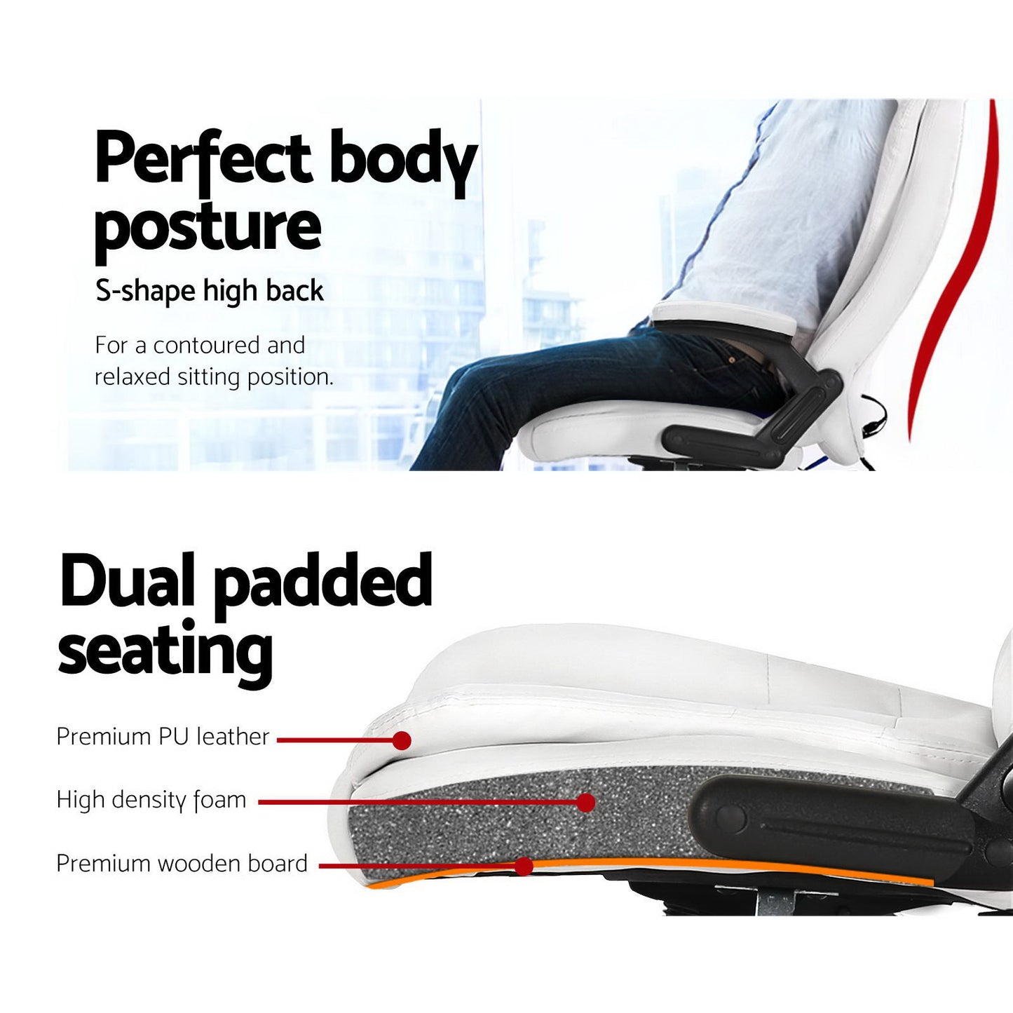 8 Point Massage Office Chair Heated Seat Recliner PU White By Artiss