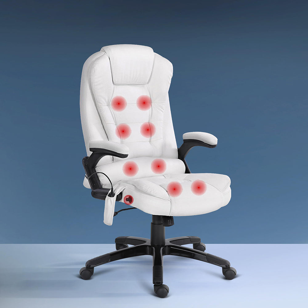 8 Point Massage Office Chair Heated Seat Recliner PU White By Artiss