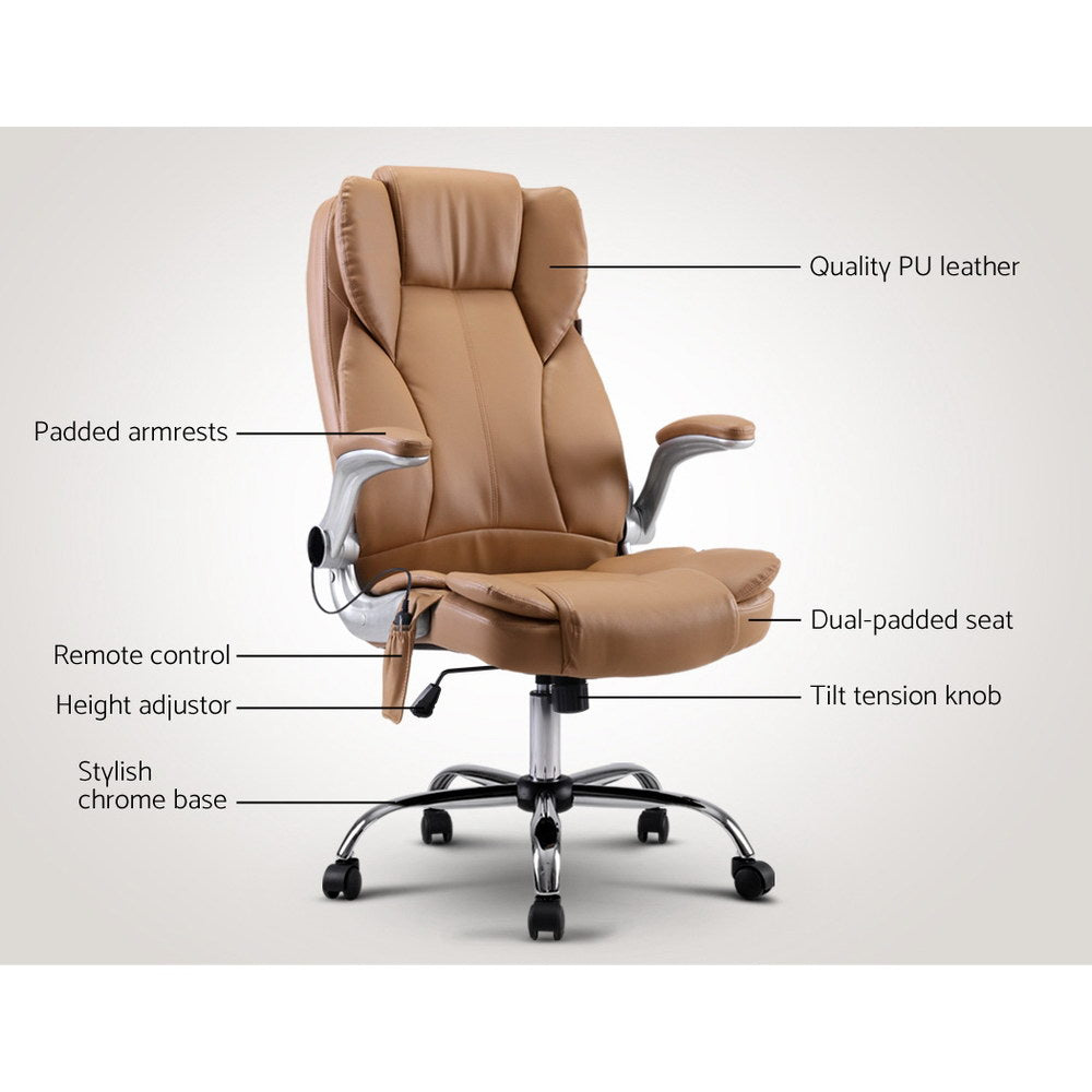 8 Point Massage Office Chair PU Leather Brown By Artiss