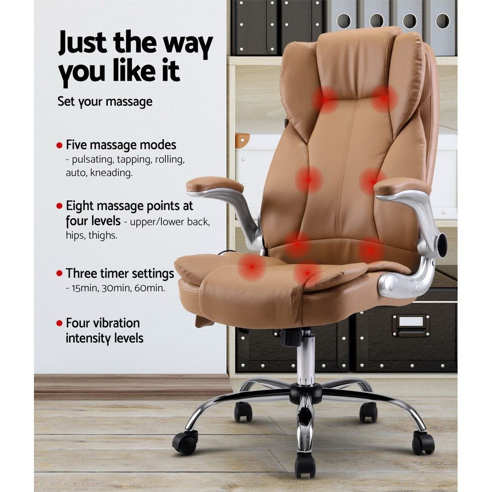 8 Point Massage Office Chair PU Leather Brown By Artiss