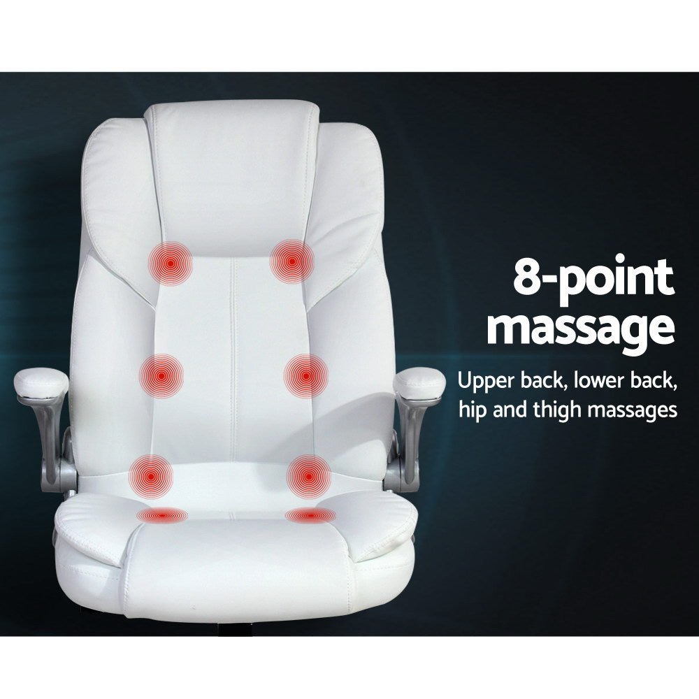 8 Point Massage Office Chair PU Leather White By Artiss