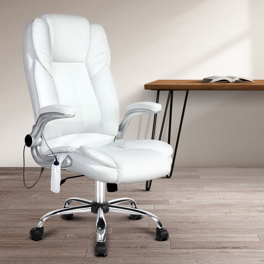 8 Point Massage Office Chair PU Leather White By Artiss