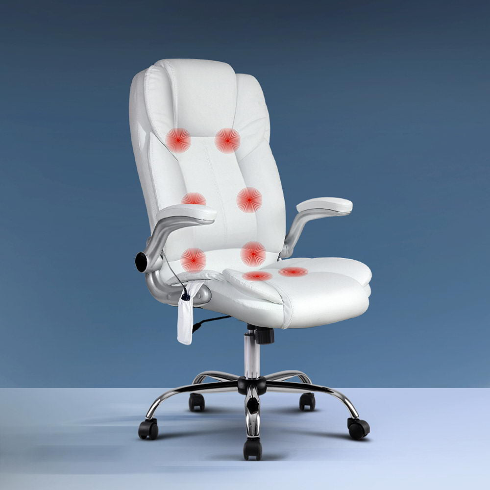 8 Point Massage Office Chair PU Leather White By Artiss