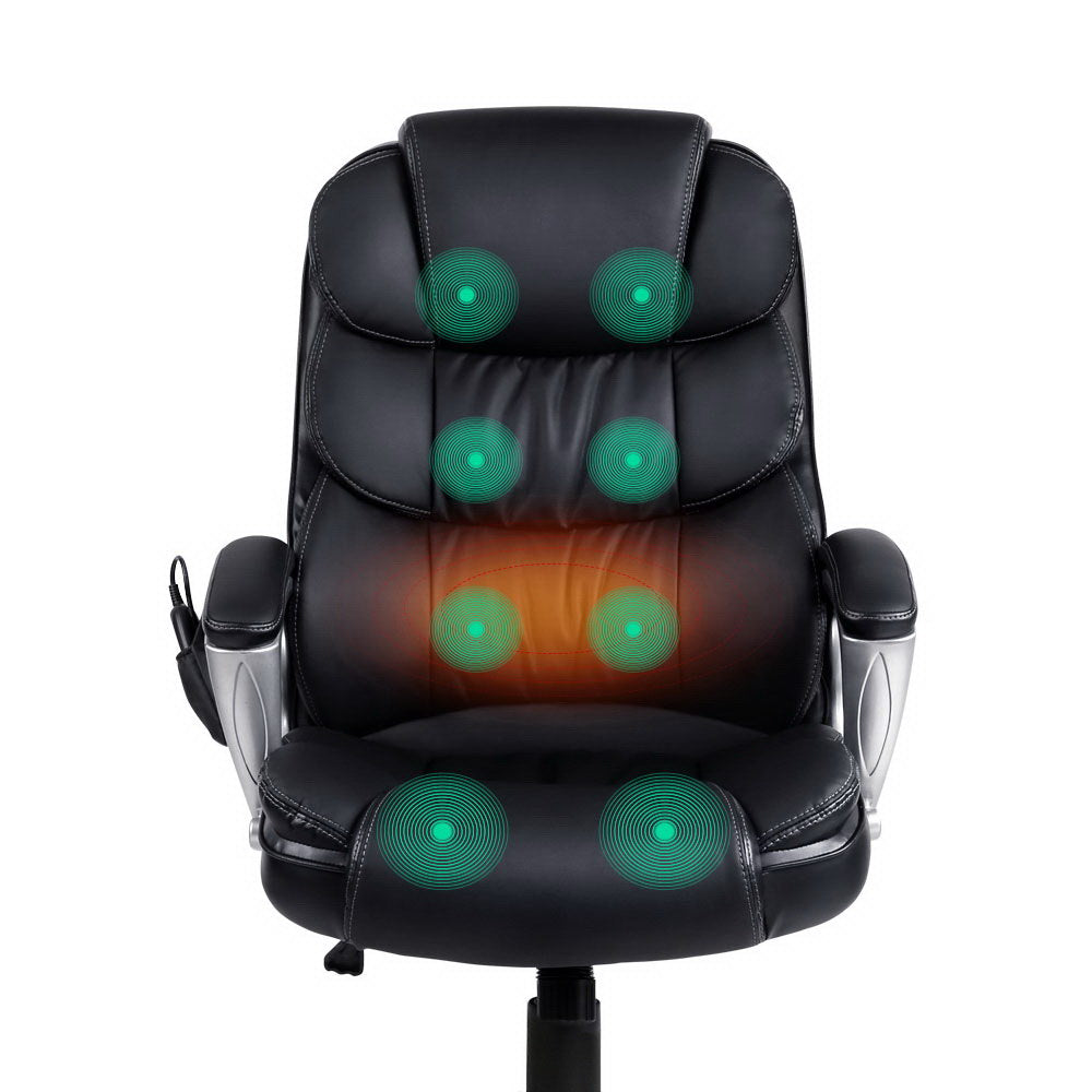 8 Point Massage Office Chair Heated Seat PU Black By Artiss