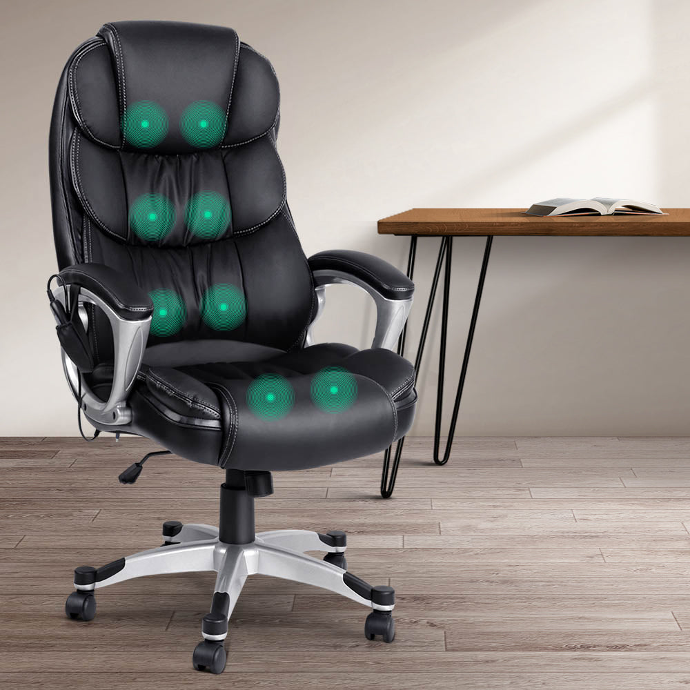 8 Point Massage Office Chair Heated Seat PU Black By Artiss
