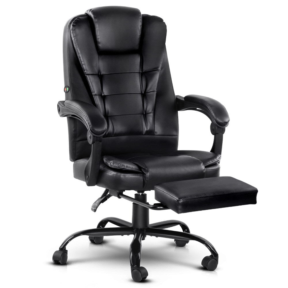 2 Point Massage Office Chair PU Leather Footrest Black By Artiss