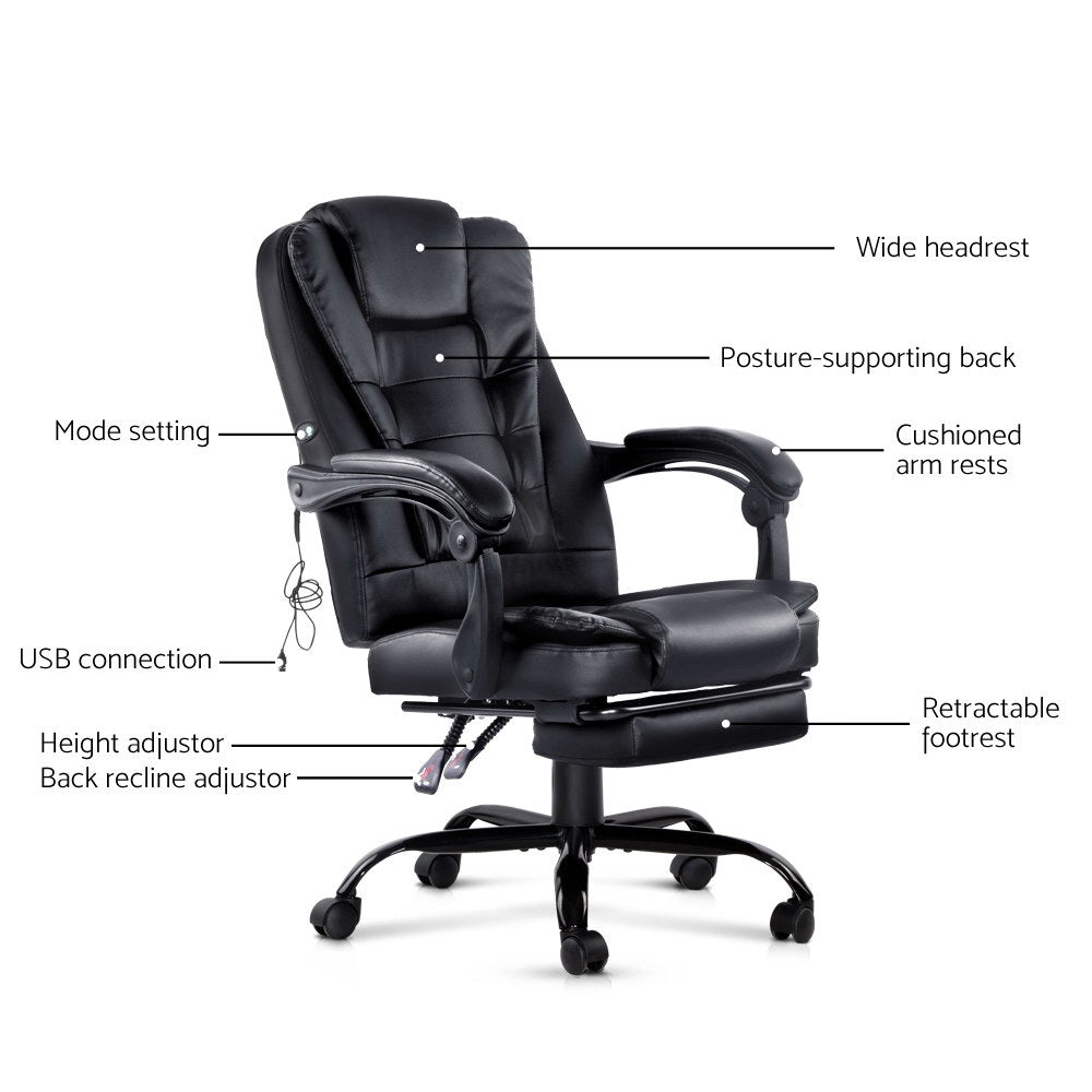 2 Point Massage Office Chair PU Leather Footrest Black By Artiss