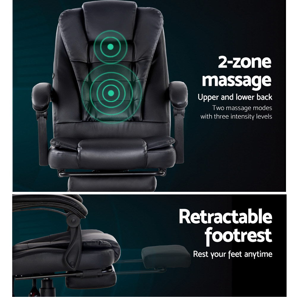 2 Point Massage Office Chair PU Leather Footrest Black By Artiss