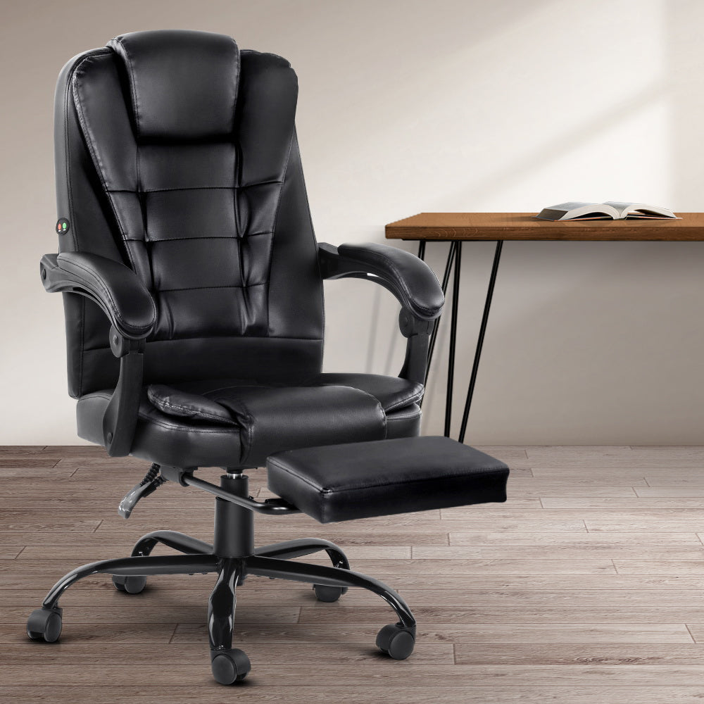 2 Point Massage Office Chair PU Leather Footrest Black By Artiss
