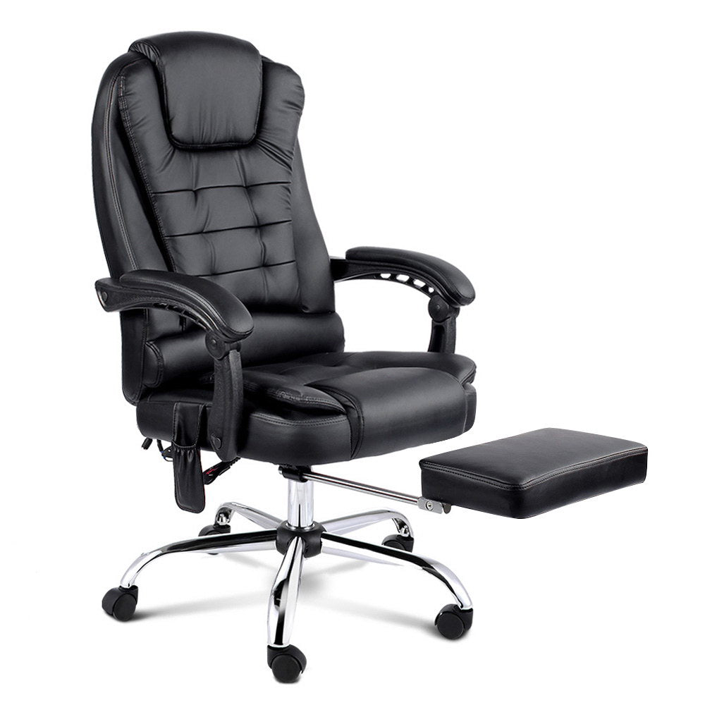 8 Point Massage Office Chair PU Leather Footrest Black By Artiss