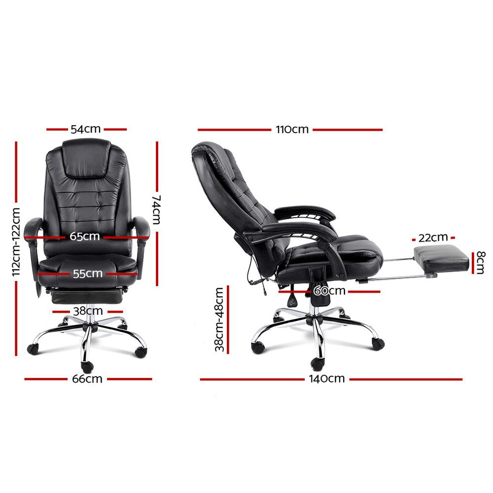 8 Point Massage Office Chair PU Leather Footrest Black By Artiss