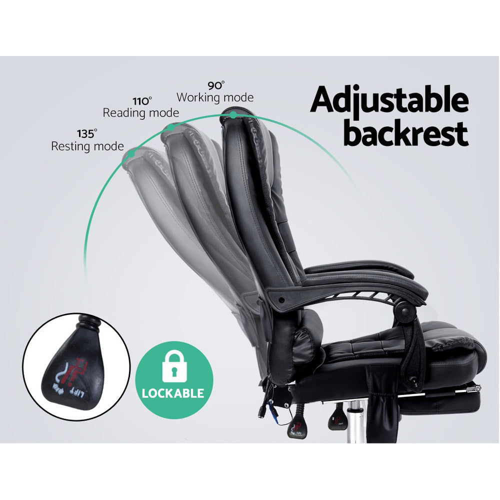 8 Point Massage Office Chair PU Leather Footrest Black By Artiss