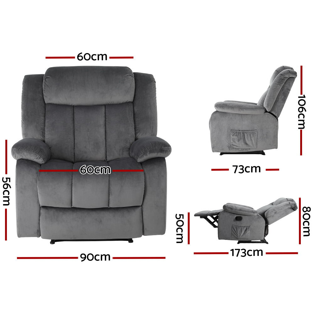 Recliner Chair Electric Massage Chair Velvet Lounge Sofa Heated Grey By Artiss