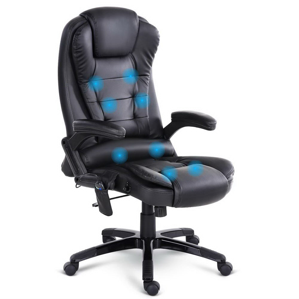 8 Point Massage Office Chair Heated Seat Recliner PU Black By Artiss