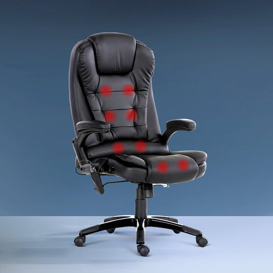 8 Point Massage Office Chair Heated Seat Recliner PU Black By Artiss