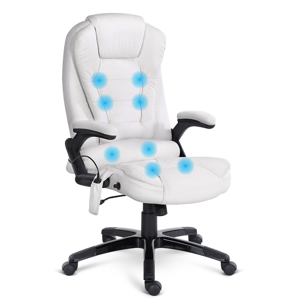 8 Point Massage Office Chair Heated Seat Recliner PU White By Artiss