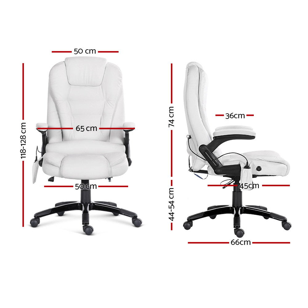 8 Point Massage Office Chair Heated Seat Recliner PU White By Artiss