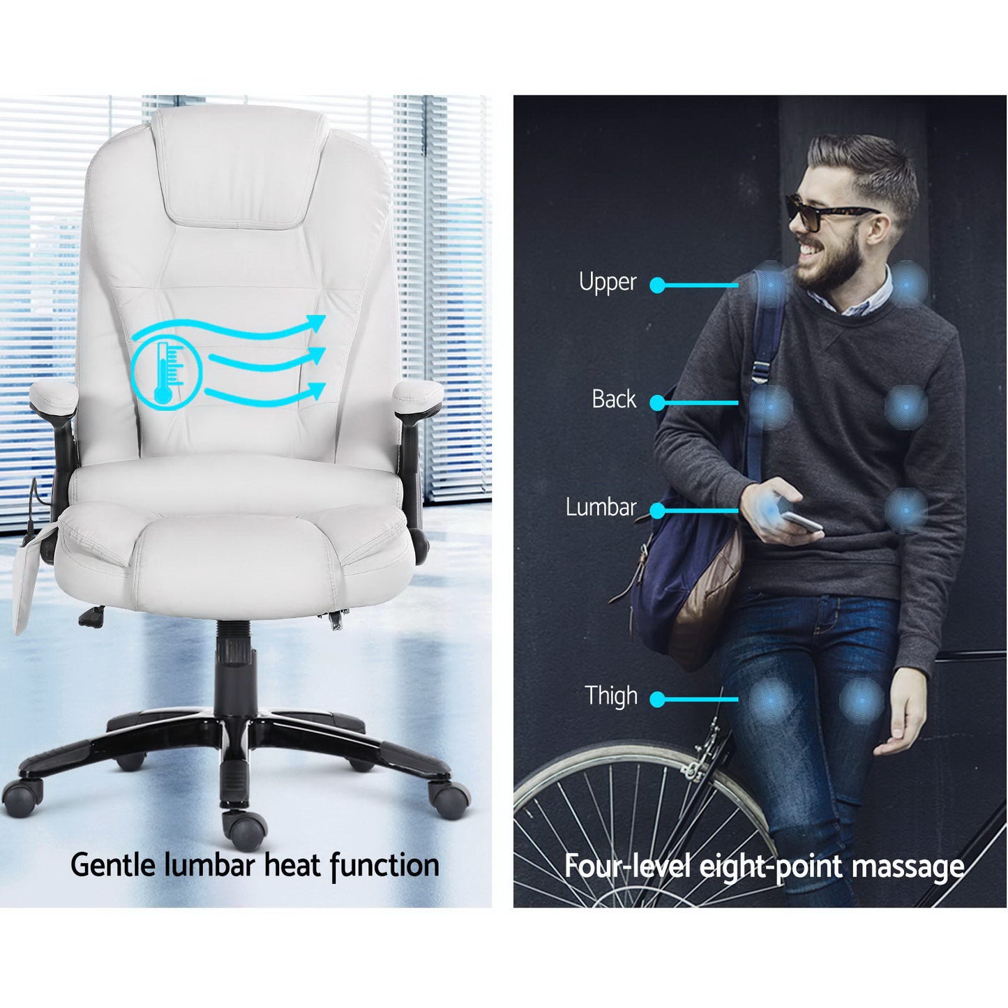 8 Point Massage Office Chair Heated Seat Recliner PU White By Artiss