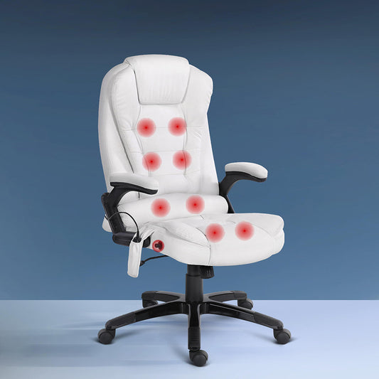 8 Point Massage Office Chair Heated Seat Recliner PU White By Artiss