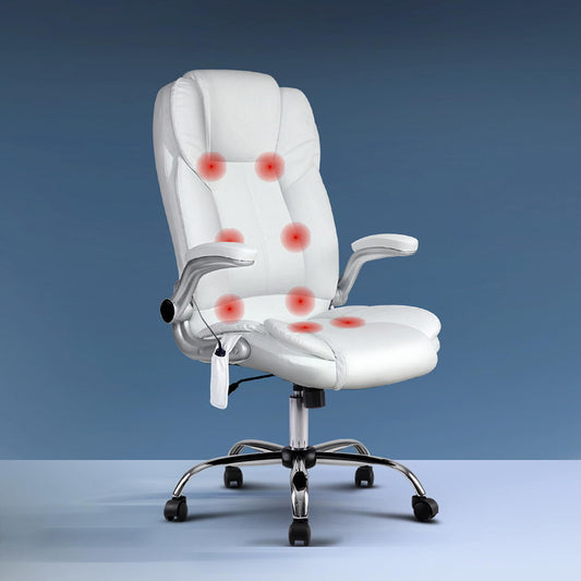 8 Point Massage Office Chair PU Leather White By Artiss
