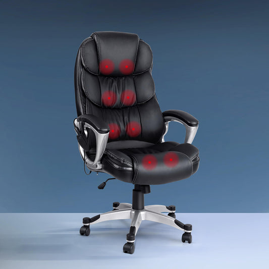 8 Point Massage Office Chair Heated Seat PU Black By Artiss