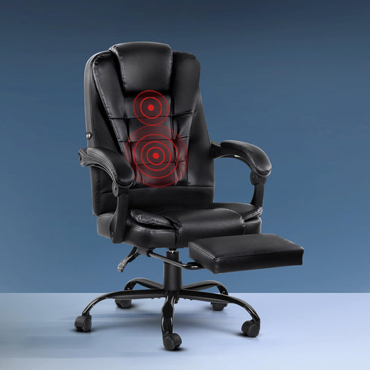 2 Point Massage Office Chair PU Leather Footrest Black By Artiss