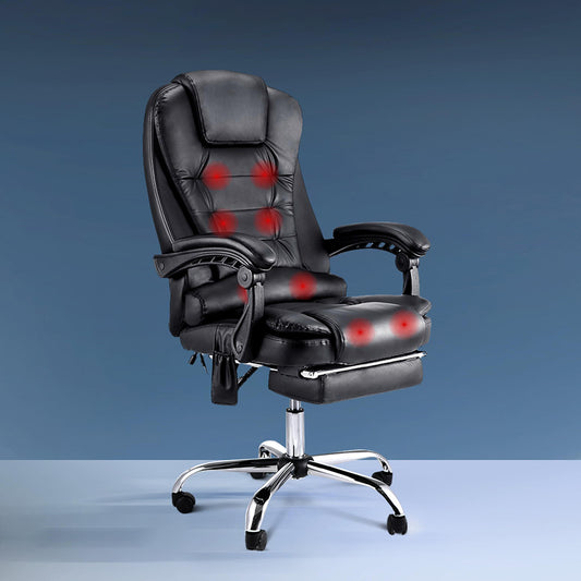 8 Point Massage Office Chair PU Leather Footrest Black By Artiss