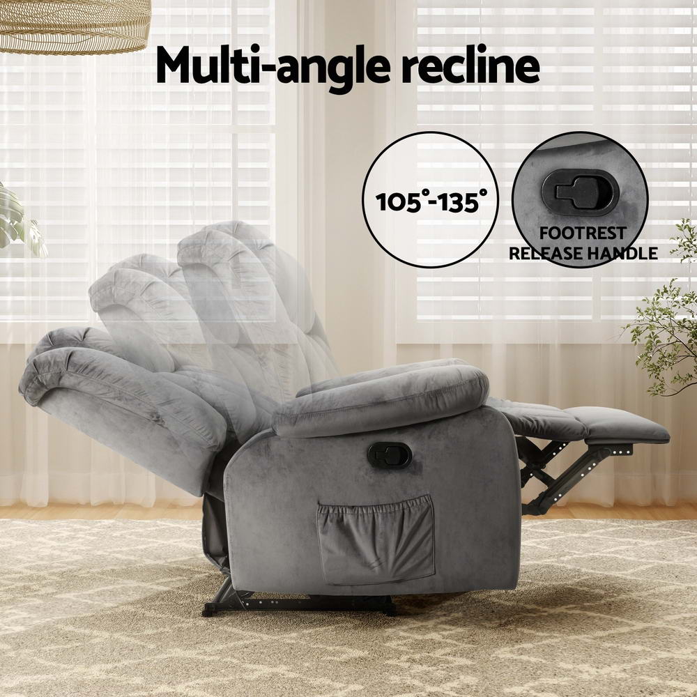 Recliner Chair Electric Massage Chair Velvet Lounge Sofa Heated Grey By Artiss